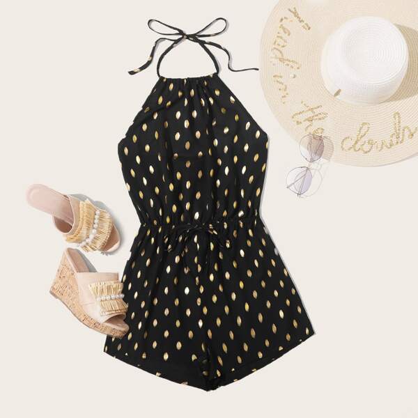 

Gold Print Tie Waist Halterneck Romper, Black