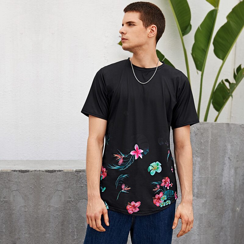 

Guys Floral Print Curved Hem Tee, Black