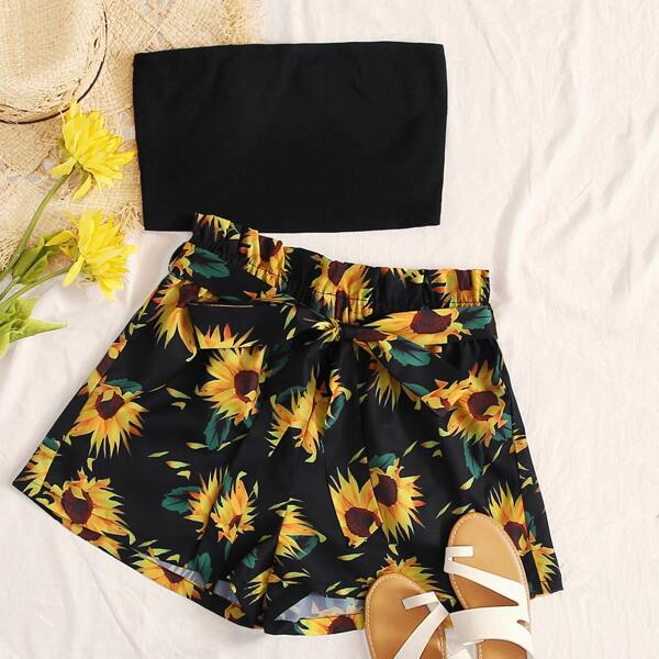 

Tube Top and Paperbag Waist Belted Sunflower Shorts Set, Black