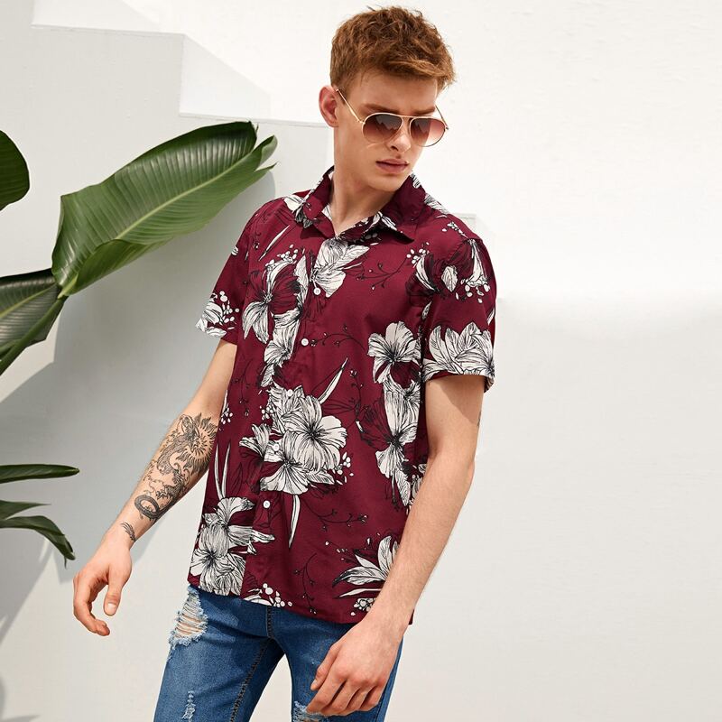 

Guys Floral Print Shirt, Burgundy