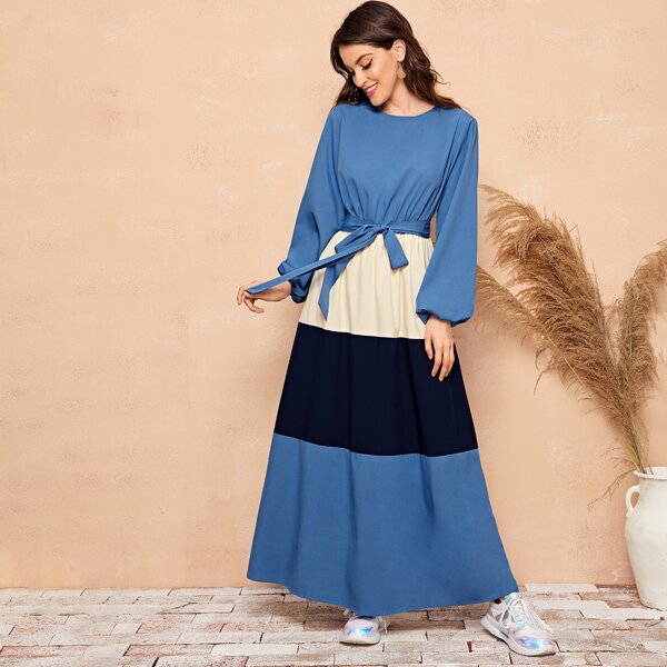 

Lantern Sleeve Self Belted Colorblock Dress, Multicolor
