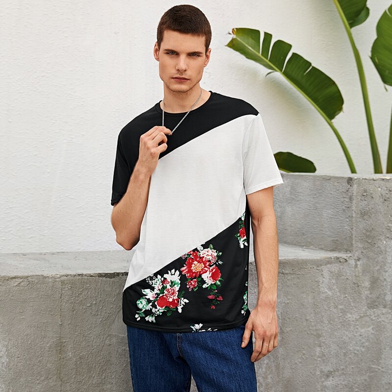 

Guys Floral Print Two Tone Top, Black and white