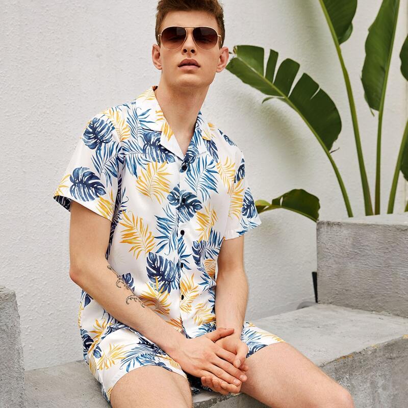 

Guys Tropical Print Shirt & Shorts, White