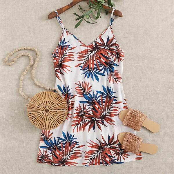 

Double V-Neck Plants Print Cami Dress, Multicolor