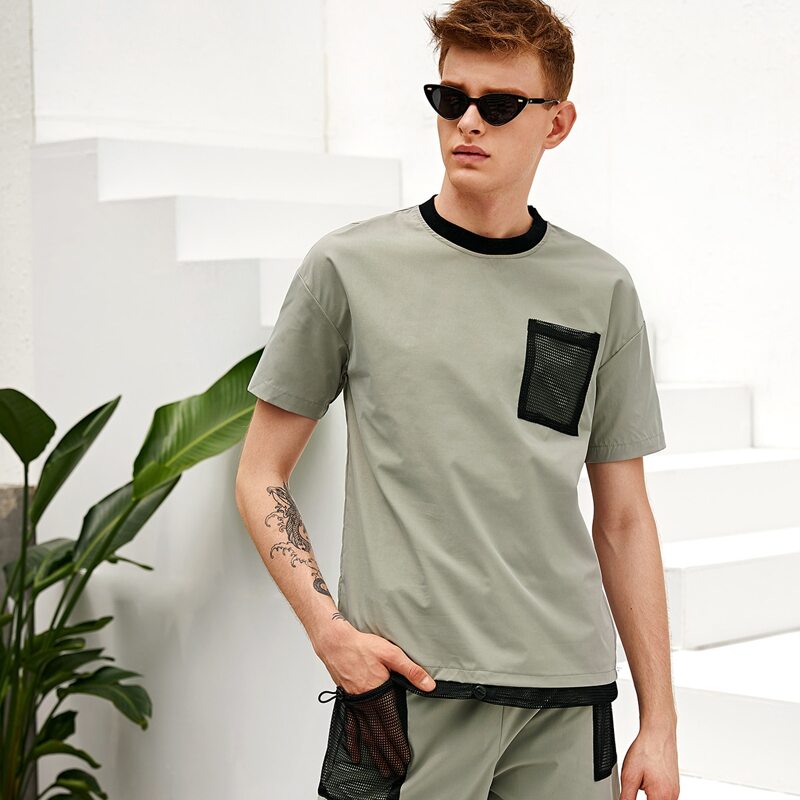 

Guys Fishnet Mesh Pocket Patched Top, Grey