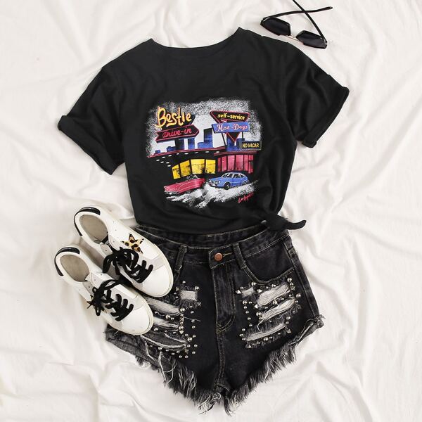 

Letter & Graphic Pattern Tee, Black