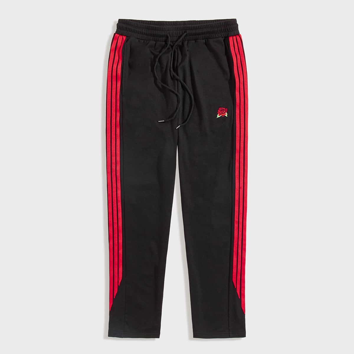 

Guys Floral Embroidery Striped Tape Side Sweatpants, Black