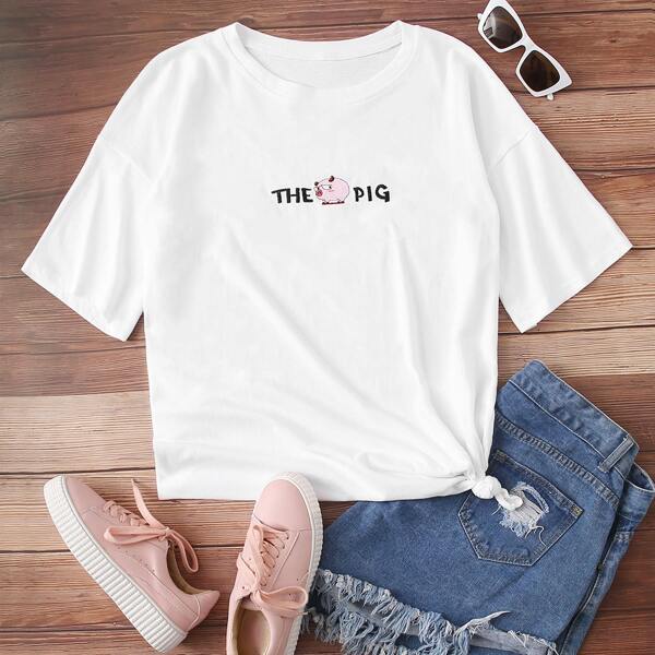 

Plus Cartoon Pig And Letter Graphic Tee, White