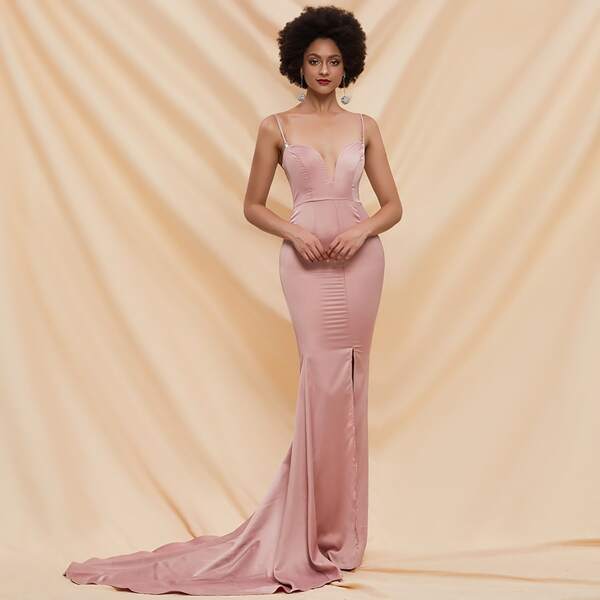 

Missord Plunging Neck Slit Hem Satin Dress, Pink pastel