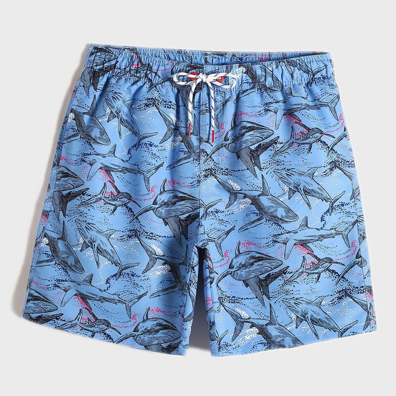 

Guys Allover Whale Print Drawstring Swim Trunks, Blue