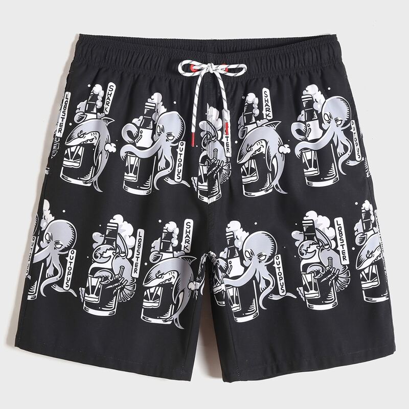 

Guys Cartoon & Letter Graphic Drawstring Swim Trunks, Black