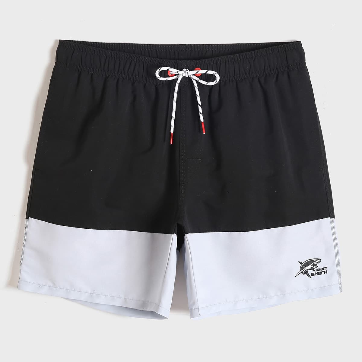 

Guys Colorblock Embroidered Drawstring Swim Trunks, Black and white
