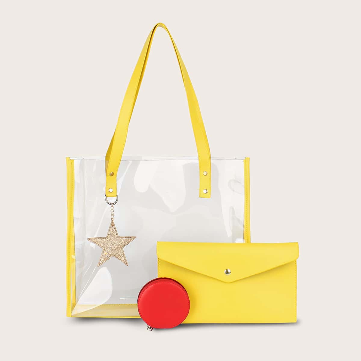 

3pcs Glitter Star Charm Clear Tote Bag With Purse, Yellow