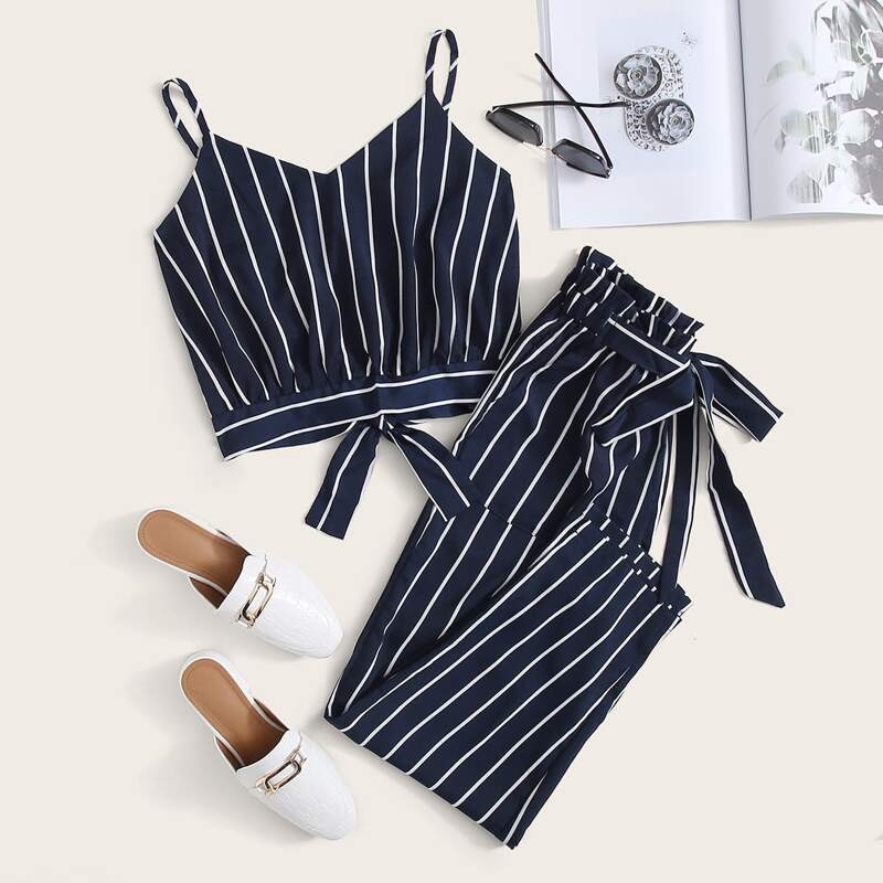 

Striped Tie Back Cami Top & Belted Pants, Navy blue
