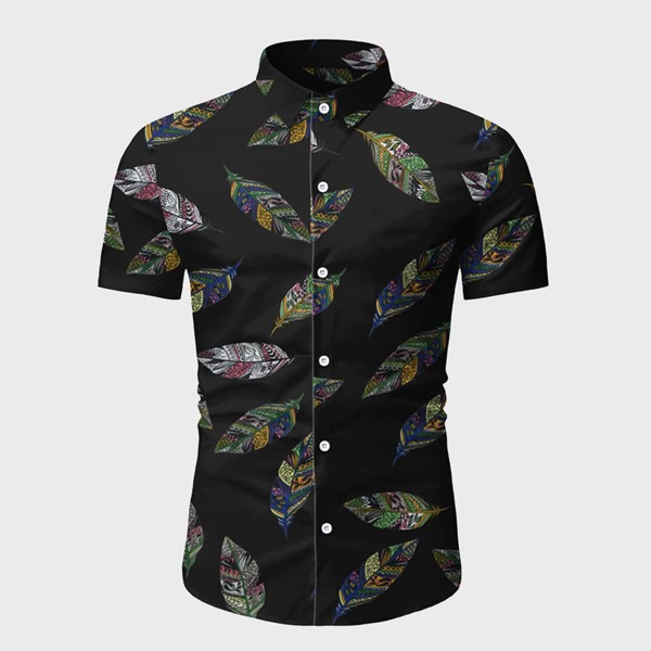 

Men Tribal Leaf Button Through Shirt, Black