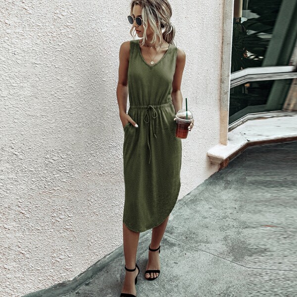 

Drawstring Waist Curved Hem Tank Dress, Army green