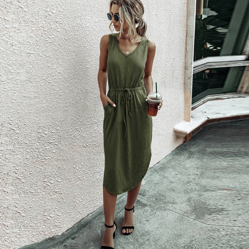 

Drawstring Waist Curved Hem Tank Dress, Army green