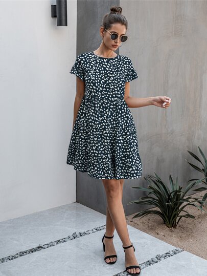 Dalmatian Flounce Sleeve Ruffle Hem Babydoll Dress