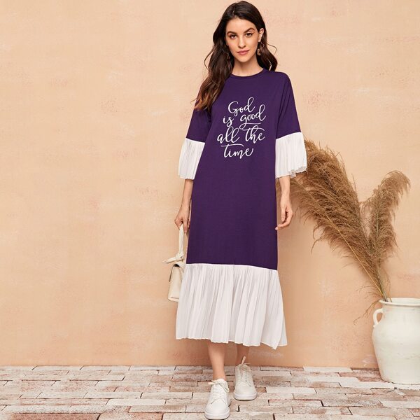 

Slogan Graphic Flounce Sleeve Pleated Dress, Purple
