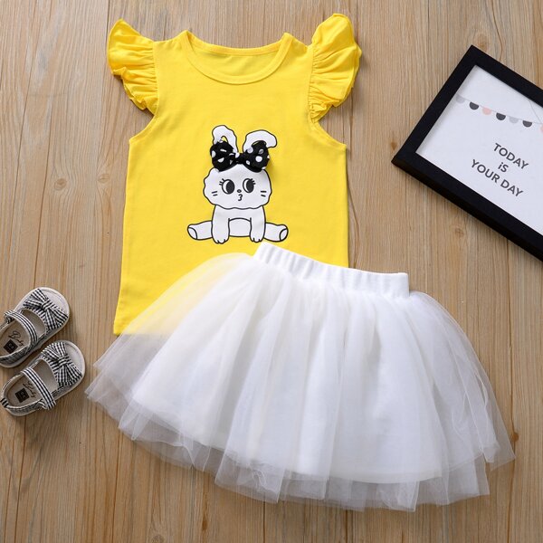 

Toddler Girls Rabbit Print Ruffle Cuff Top & Mesh Skirt, Multicolor