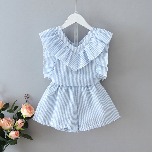 

Toddler Girls Striped Ruffle Trim Top With Shorts, Blue pastel