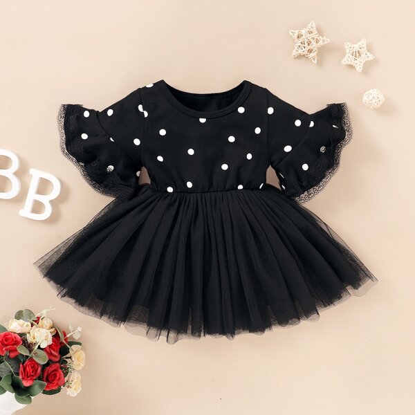 

Toddler Girls Polka Dot Print Contrast Mesh Lace Trim Dress, Black