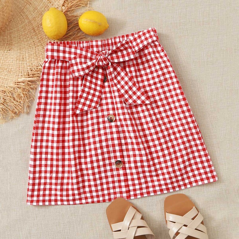 

Tie Waist Button Up Gingham Skirt, Red