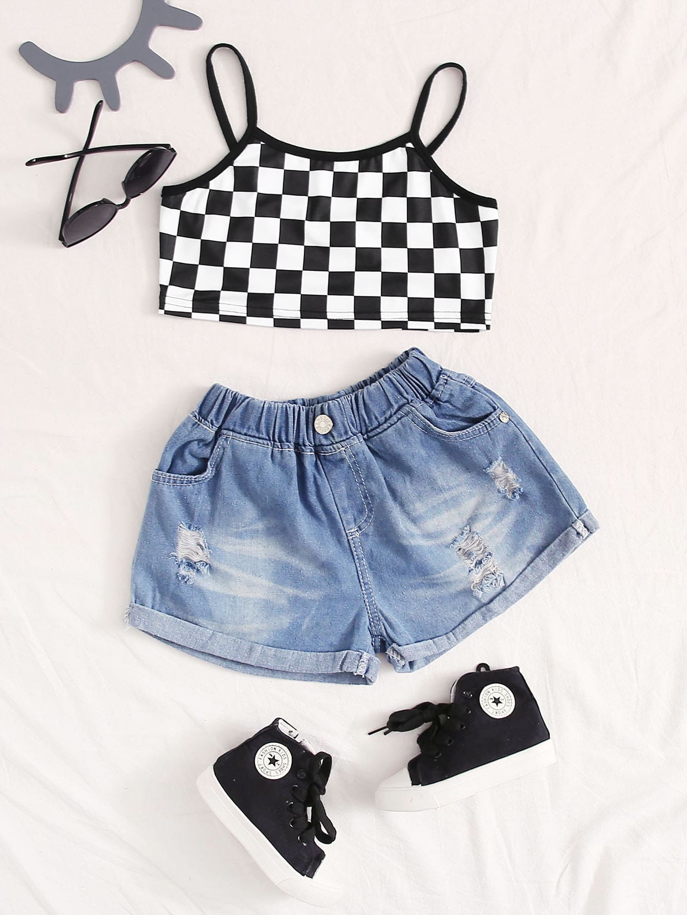 SHEIN Girls Checked Print Cami Top - Black and White - View 1