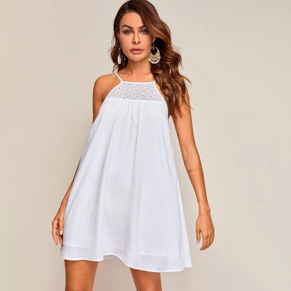

Eyelet Embroidered Yoke Swing Cami Dress, White