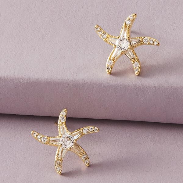 

1pair Rhinestone Engraved Starfish Design Earrings, Gold