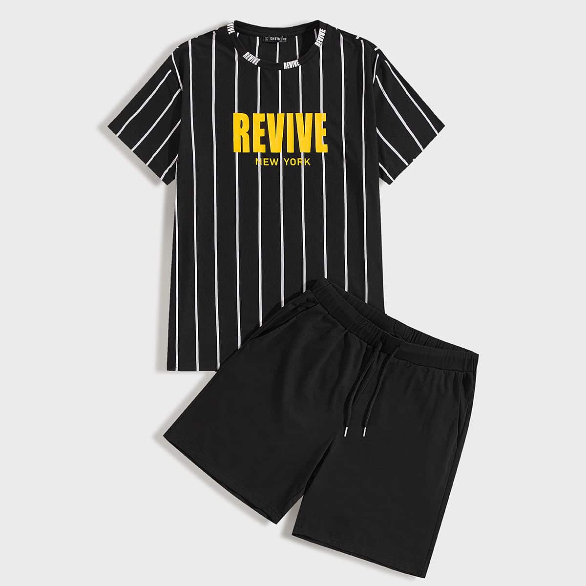 

Guys Slogan Graphic Striped Tee & Shorts Set, Black