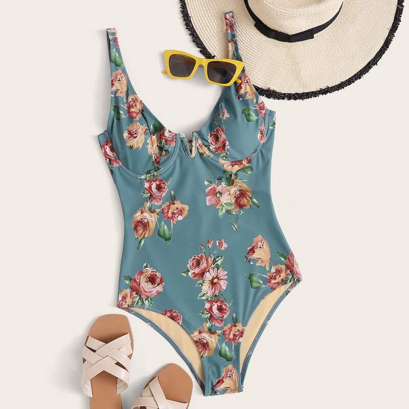 

Floral V Wired Underwire One Piece Swimsuit, Green