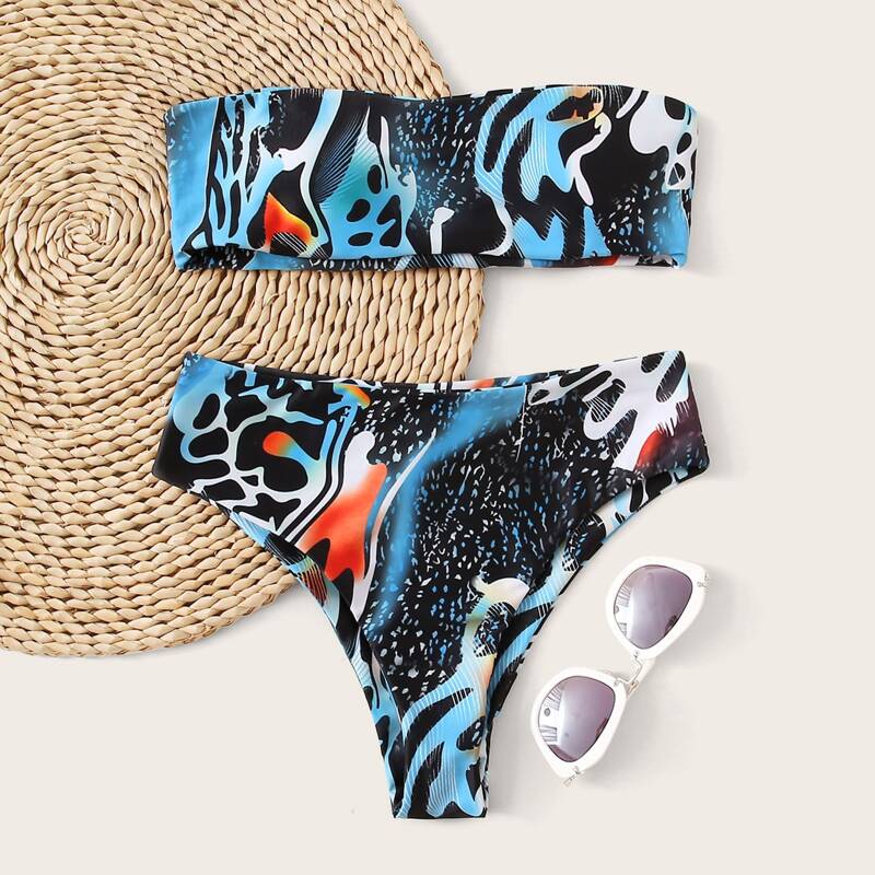 

Graphic Print Bandeau Bikini Swimsuit, Multicolor