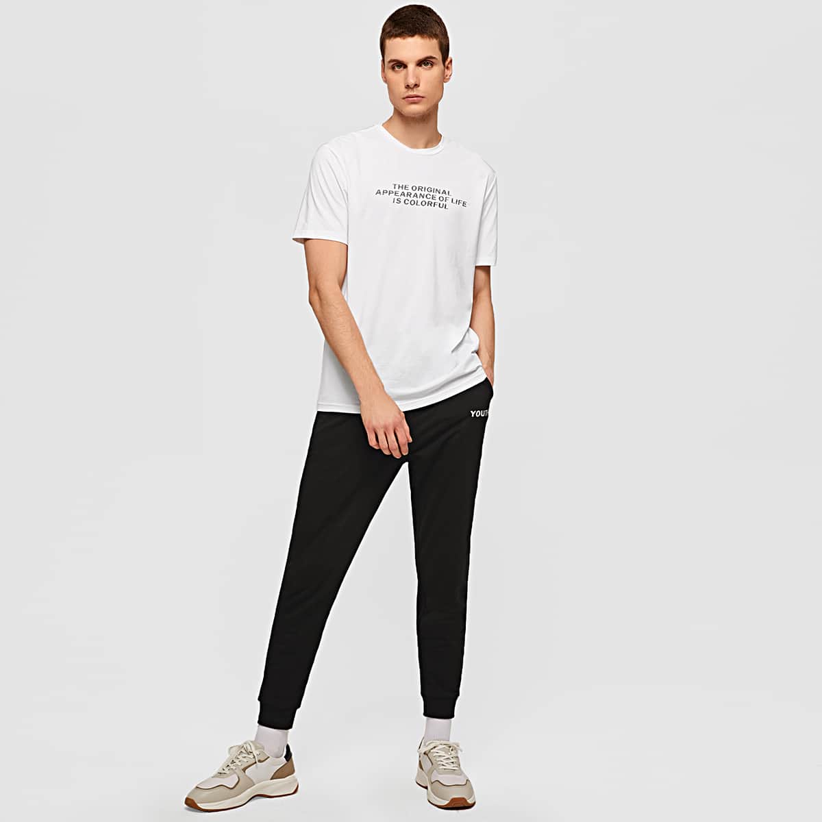 

Guys Slogan Graphic Top & Slant Pocket Sweatpants Set, Black and white