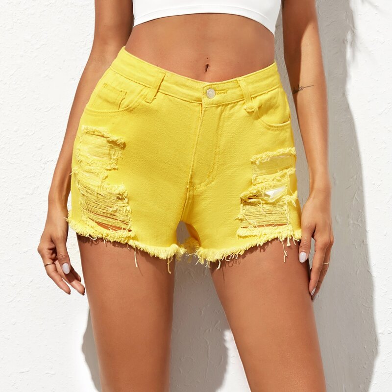 

Raw Hem Ripped Denim Shorts, Yellow