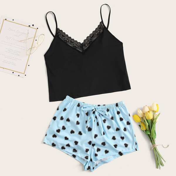 

Contrast Lace Heart Print Cami PJ Set, Multicolor