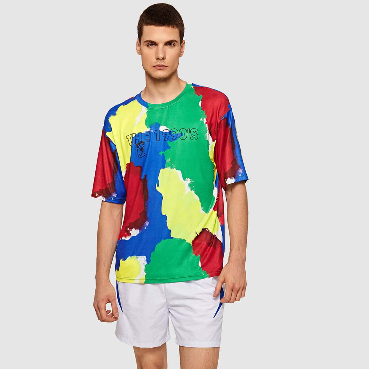 

Guys Drop Shoulder Letter Graphic Colorblock Tee, Multicolor
