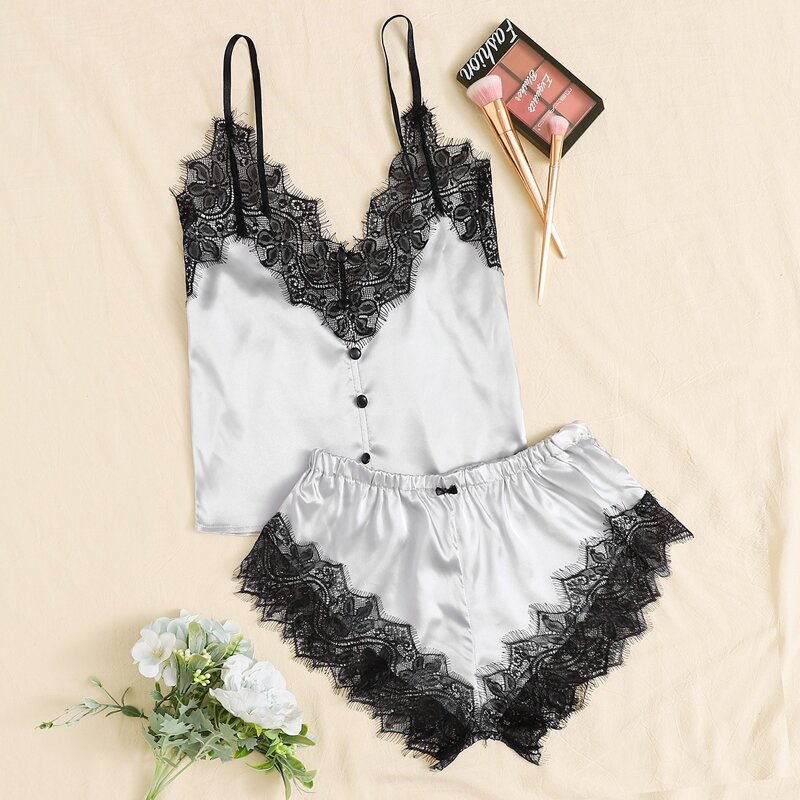 

Lace Trim Satin Cami With Shorts, Grey