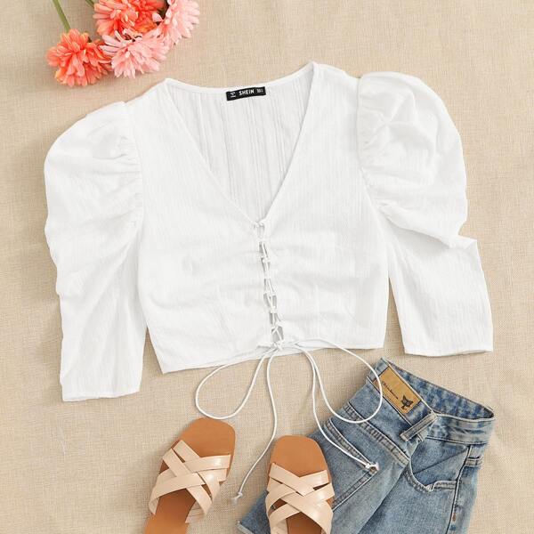 

Lace Up Front Puff Sleeve Crop Top, White