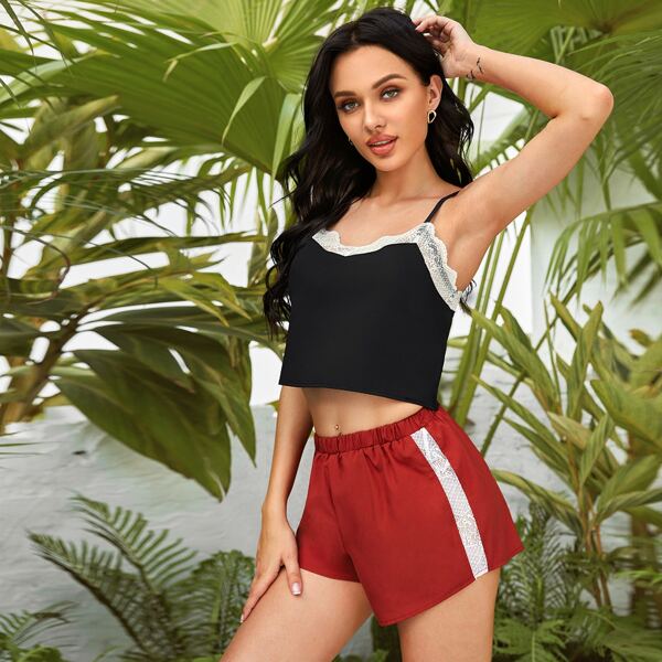 

Contrast Lace Cami PJ Set, Multicolor