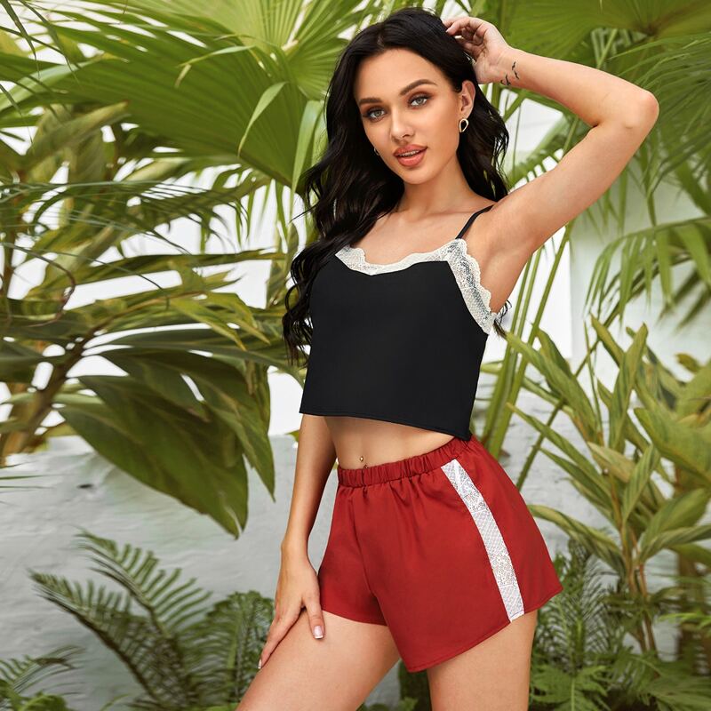 

Contrast Lace Cami PJ Set, Multicolor