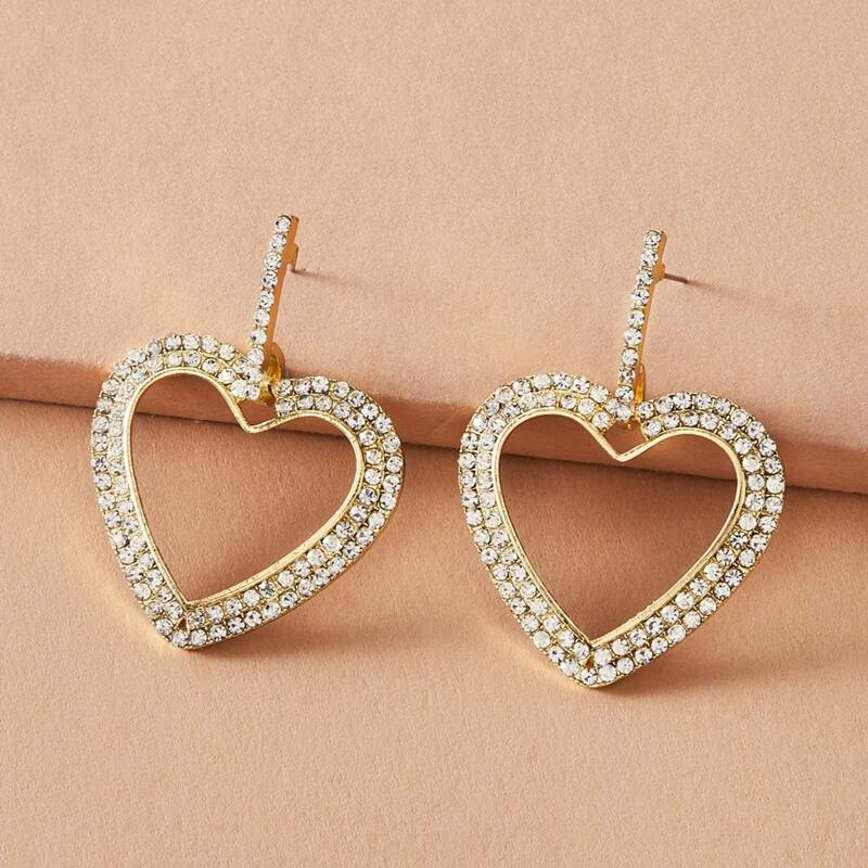 

1pair Hollow Out Rhinestone Engraved Heart Drop Earrings, Gold