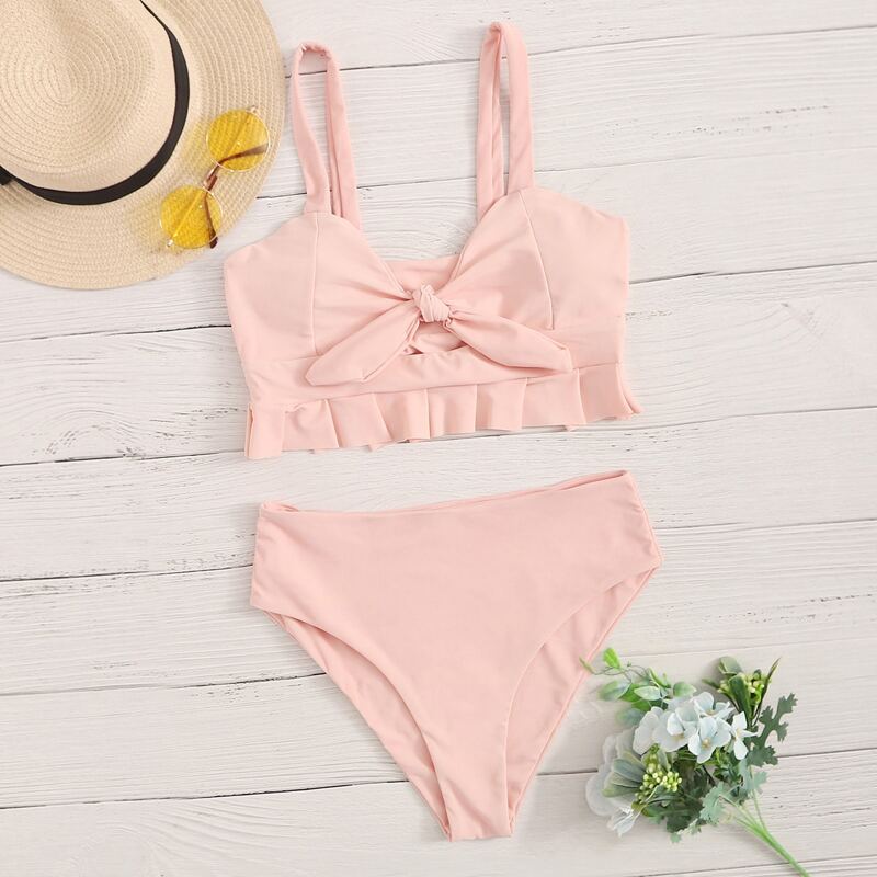 

Knot Front Ruffle Bikini Swimsuit, Pink