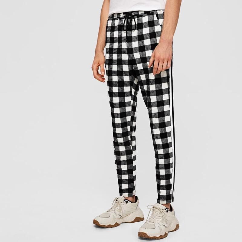 

Guys Striped Tape Side Buffalo Plaid Drawstring Pants, Black and white