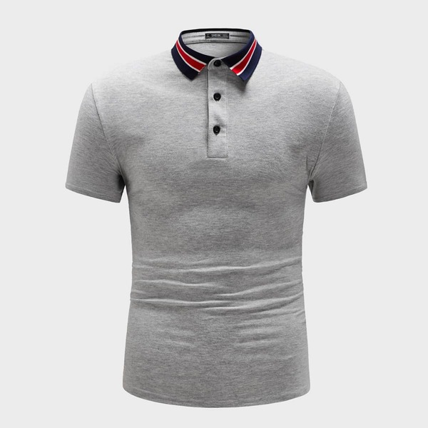 

Men Striped Collar Heather Gray Polo Shirt, Grey