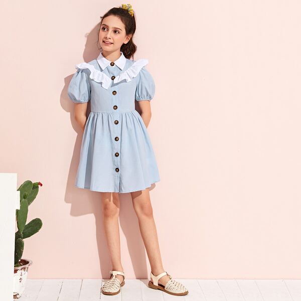 

Girls Contrast Collar Puff Sleeve Ruffle Detail Dress, Blue
