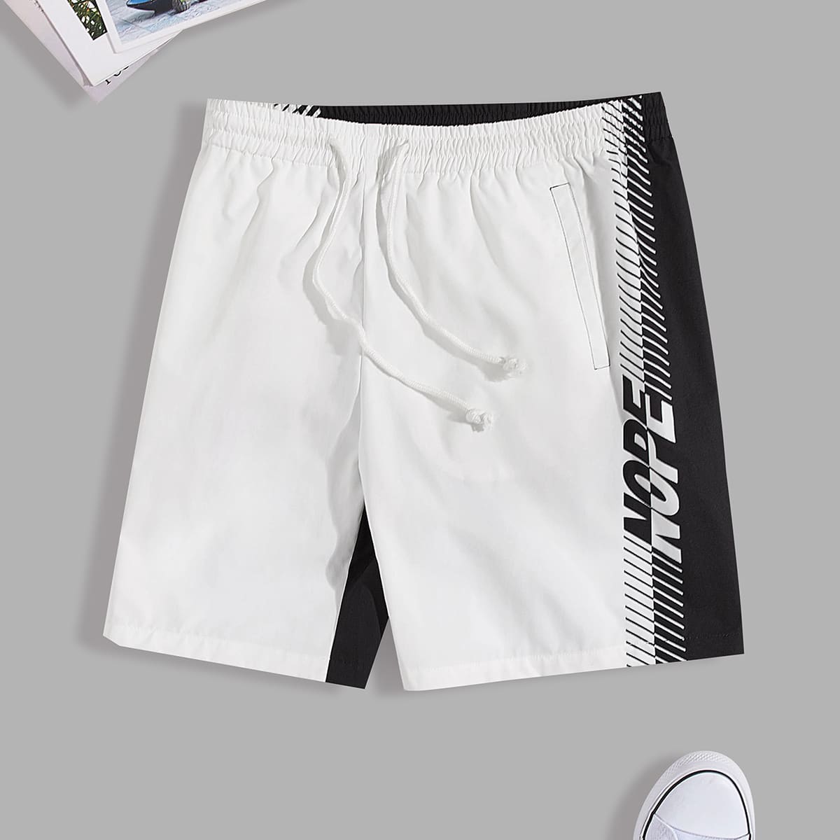 

Guys Two Tone Letter Graphic Drawstring Shorts, Black and white