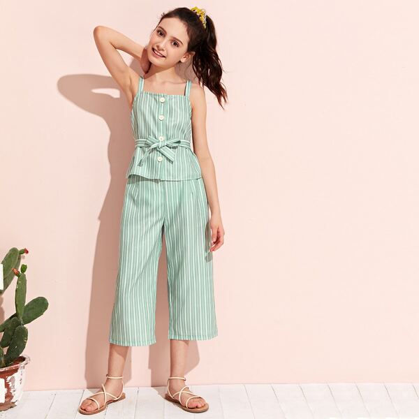 

Girls Buttoned Front Self Belted Striped Top & Wide Leg Pants Set, Green