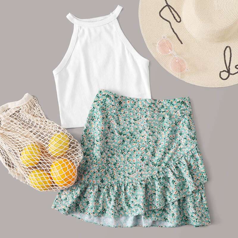 

Rib-knit Halter Top and Ditsy Floral Skirt Set, Multicolor