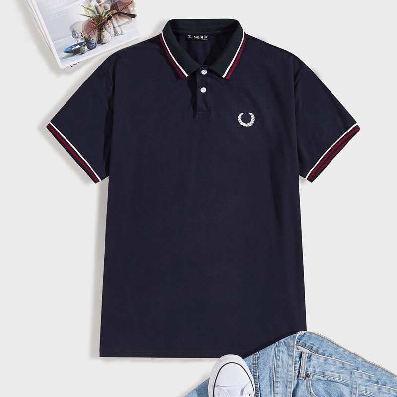 

Guys Graphic Embroidery Striped Trim Polo Shirt, Navy blue